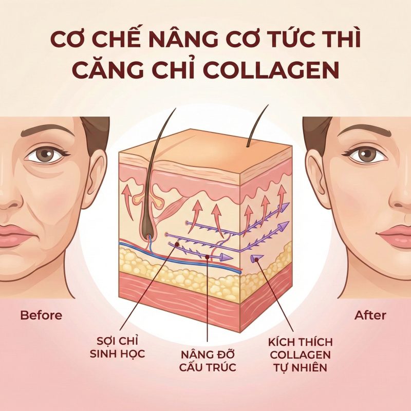 Căng chỉ collagen: Hiểu đúng trước khi quyết định trẻ hóa da không phẫu thuật Cơ chế nâng cơ tức thì của căng chỉ collagen
