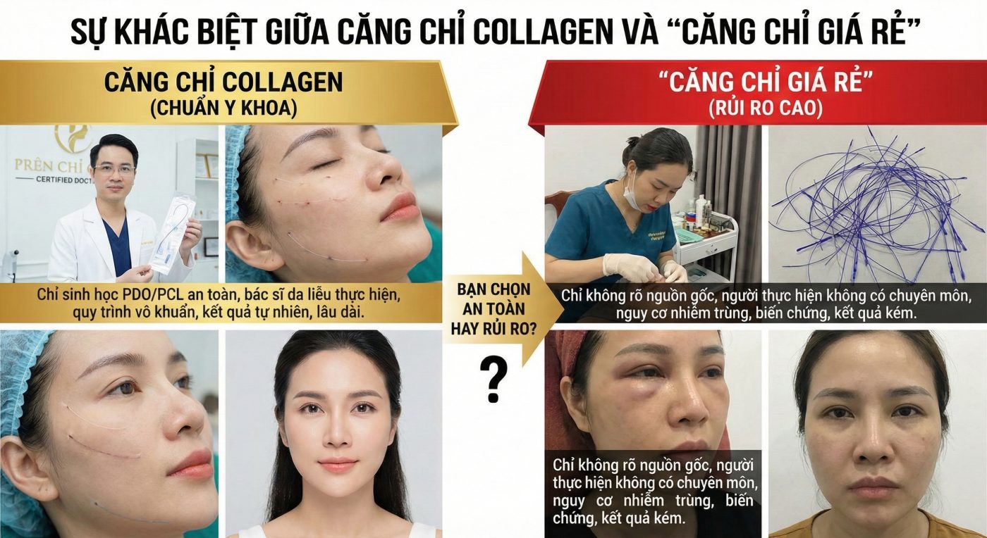 Căng chỉ collagen: Hiểu đúng trước khi quyết định trẻ hóa da không phẫu thuật Sự khác biệt giữa căng chỉ collagen và căng chỉ giá rẻ