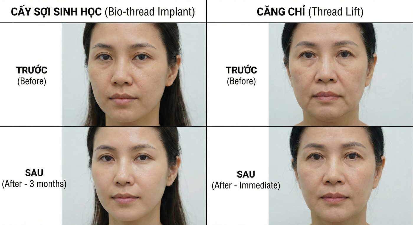 Hình ảnh trước sau cấy sợi sinh học và hình ảnh trước sau căng chỉ