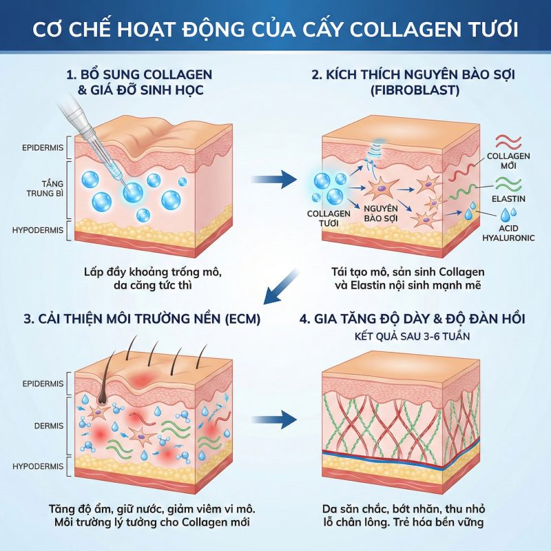 Cấy Collagen Tươi Là Gì? Giải Thích Toàn Diện Từ A–Z (Cập Nhật 2026) Cơ chế hoạt động của cấy collagen tươi
