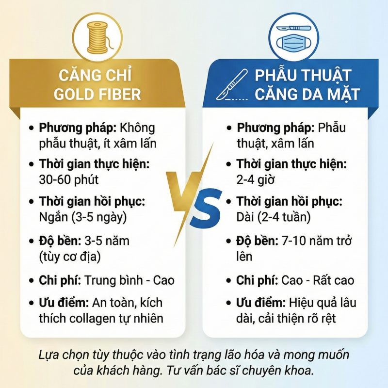 Căng Chỉ Collagen Gold Fiber - Giải Mã Công Nghệ "Chỉ Lai Vàng" So sánh căng chỉ gold fiber với phẫu thuật căng da mặt