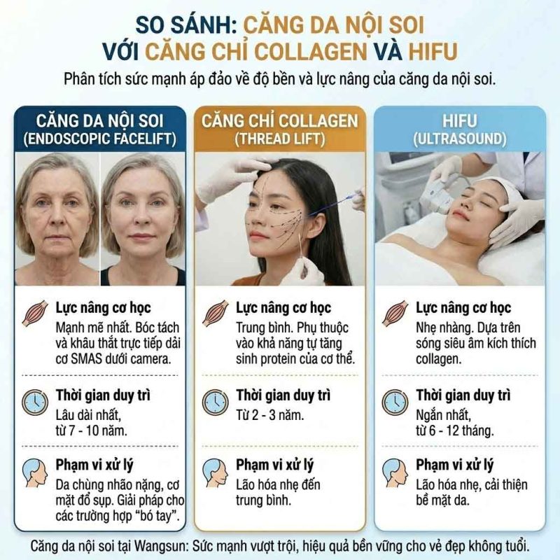So sánh căng da mặt nội soi với căng chỉ collagen và hifu