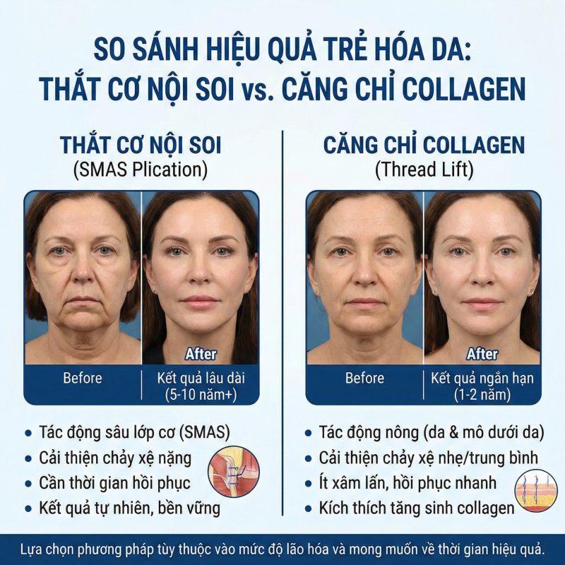 So sánh thắt cơ nội soi và căng chỉ collagen trẻ hóa da