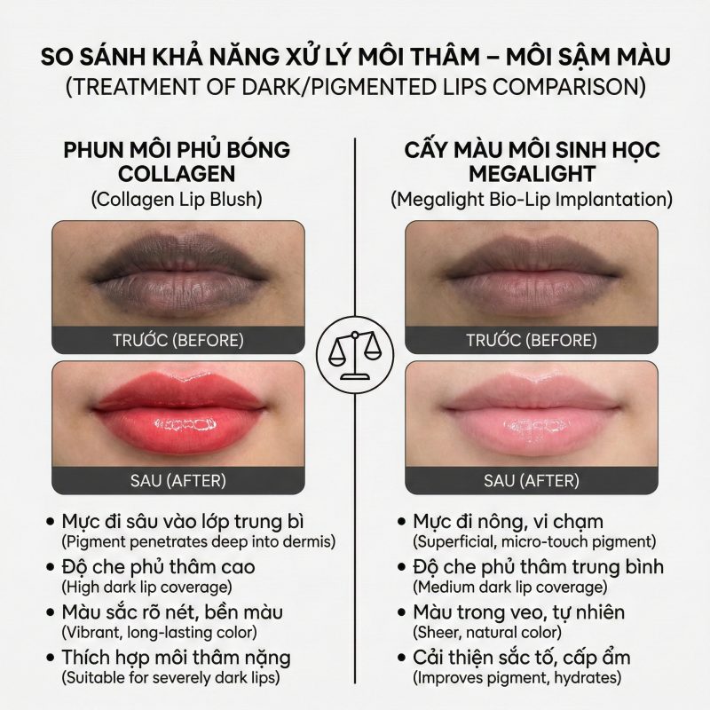 So sánh xử lý thâm môi của phun môi phủ bóng collagen và cấy màu môi sinh học megalight