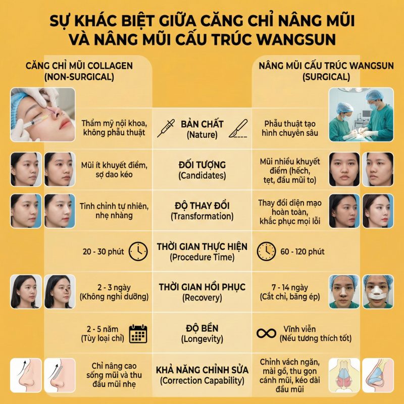 Sự khác biệt căng chỉ collagen nâng mũi và nâng mũi cầu trúc