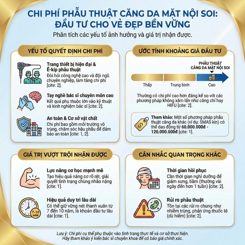 Phẫu thuật căng da mặt nội soi: Ưu nhược điểm, quy trình và giá cả Các yếu tố ảnh hướng đên giá phẫu thuật căng da mặt nội soi