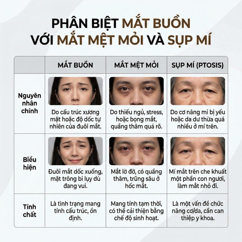 Phân biệt mắt buồn với mắt mệt mỏi và sụp mí