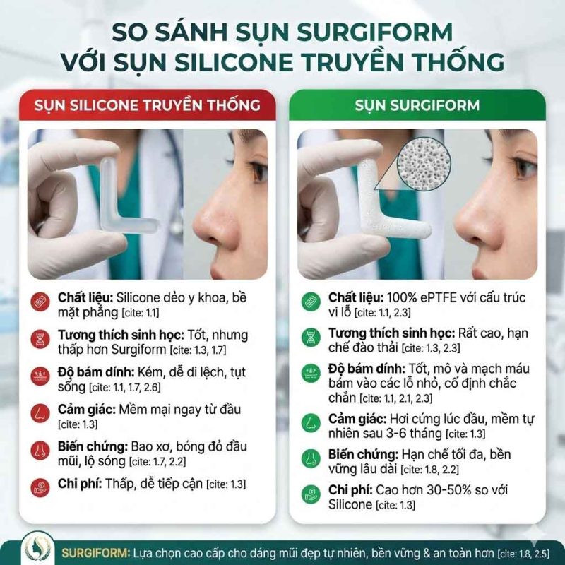 Nâng mũi cấu trúc sụn Surgiform là gì? Ưu điểm & độ bền So sánh sụn surgiform với sụn silicone truyền thống
