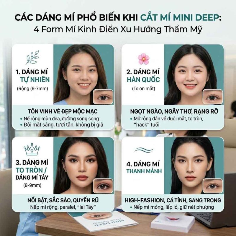 Dáng Mí Phù Hợp Khi Cắt Mí Mini Deep Các dáng mí phổ biến khi cắt mí mini deep