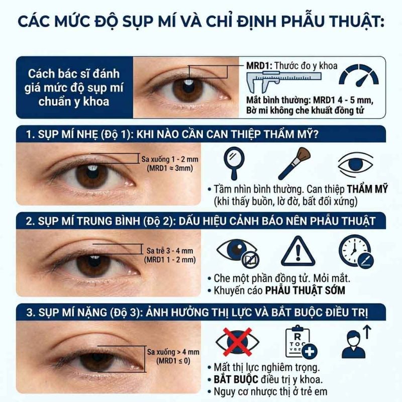 Các mức độ sụo mí và chỉ định phẫu thuật