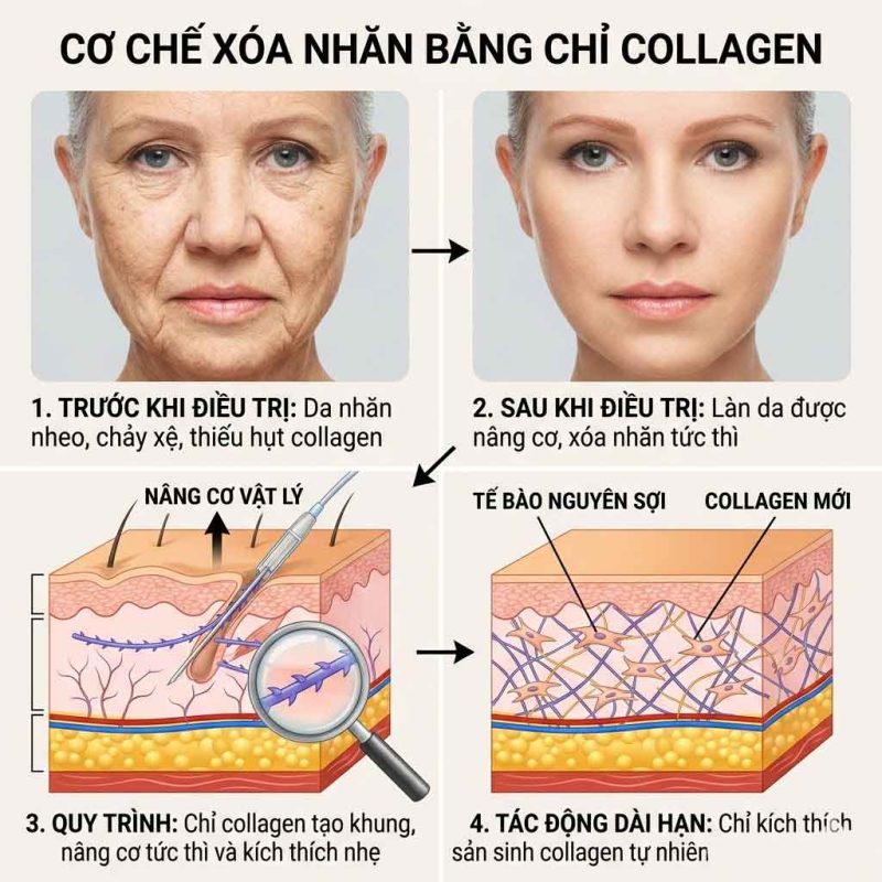 Xóa nhăn bằng chỉ collagen: cơ chế, ưu nhược điểm và vùng điều trị Cơ chế xóa nhăn bằng chỉ collagen
