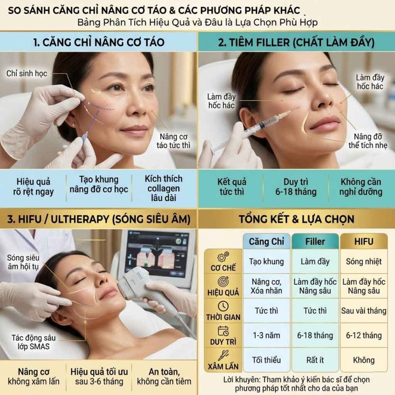 So sánh căng chỉ nâng cơ táo và các phương pháp khác