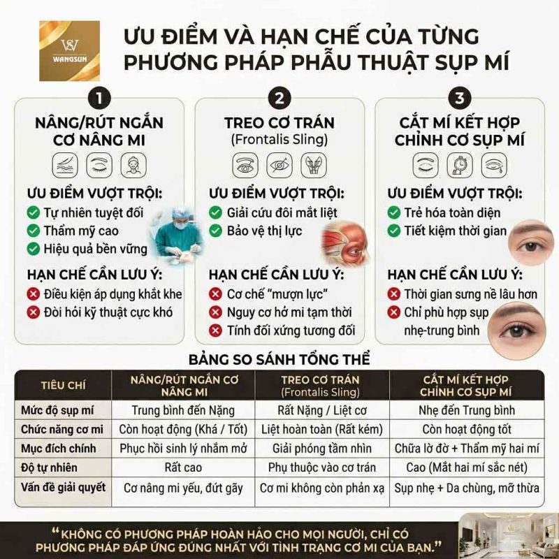 Ưu điểm và hạn chế của từng phương pháp phẫu thuật sụp mí
