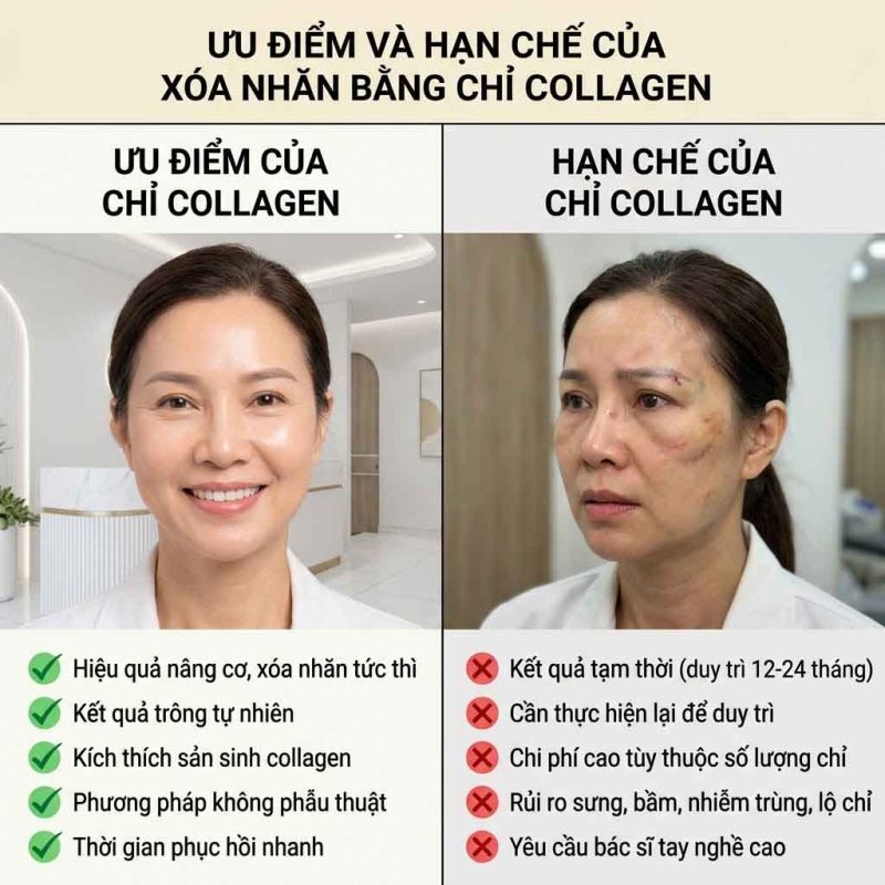 Xóa nhăn bằng chỉ collagen: cơ chế, ưu nhược điểm và vùng điều trị Ưu và nhược điểm của xóa nhăn bằng chỉ collagen