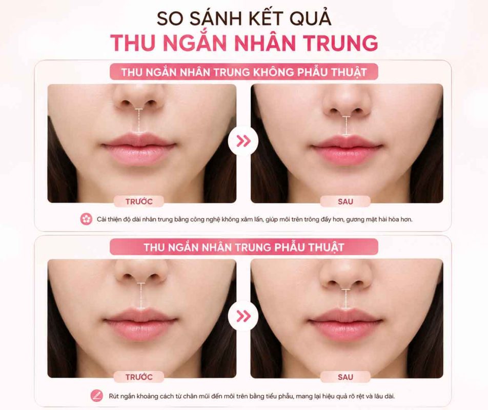 Chi Phí Thu Ngắn Nhân Trung Bao Nhiêu? Những Yếu Tố Ảnh Hưởng Đến Chi Phí So sánh kết qủa thu ngắn nhân trung phẫu thuật và không phẫu thuật